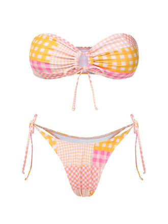 Ensemble bikini bandeau à carreaux vichy rose années 1970