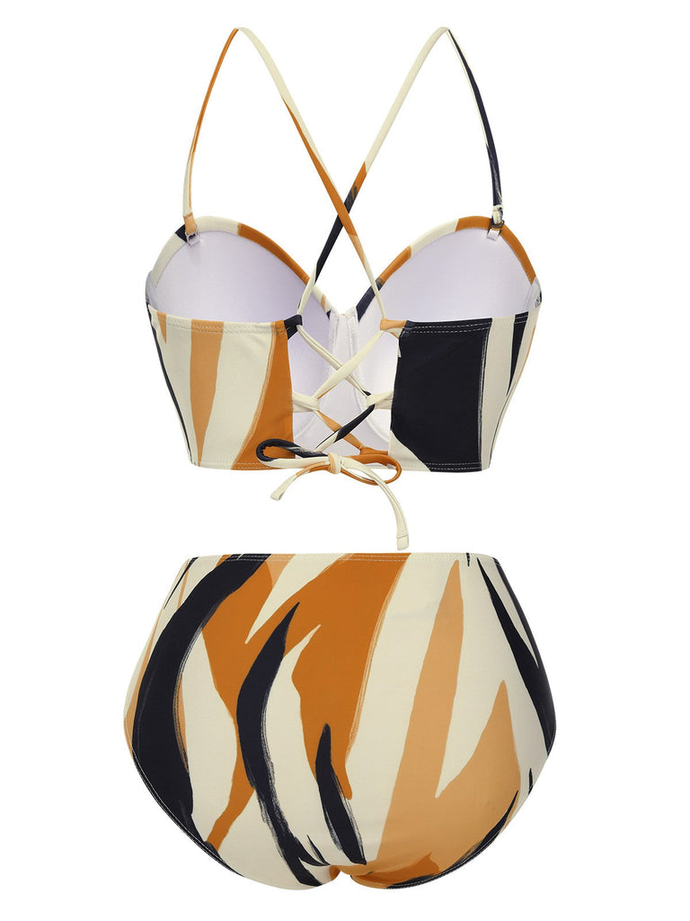 2PCS Maillot de bain à lacets et cache-maillot motif artistique multicolores années 1960