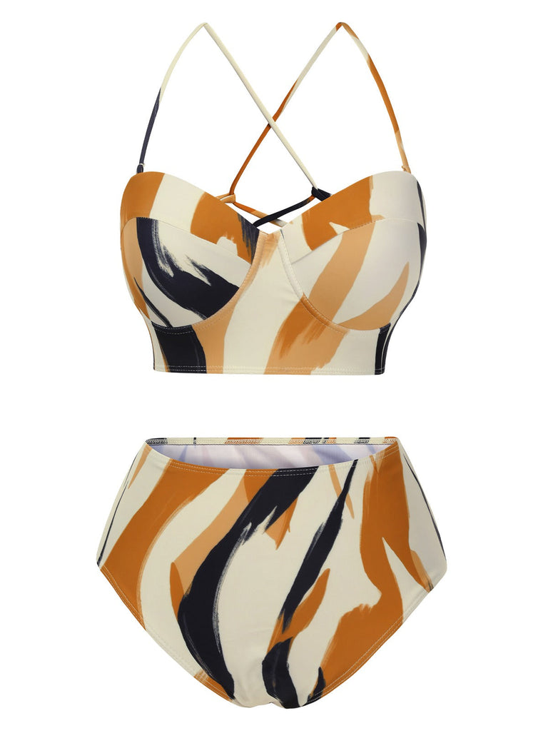 2PCS Maillot de bain à lacets et cache-maillot motif artistique multicolores années 1960