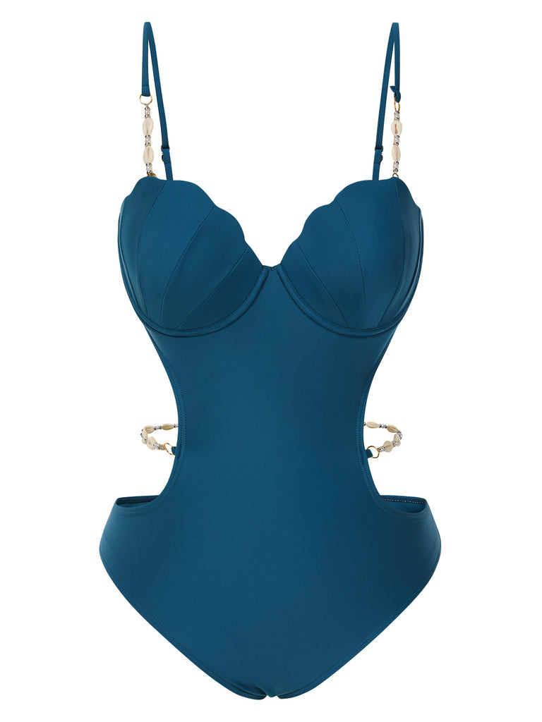 Maillot de bain ajouré à bretelles coquillages bleu sarcelle des années 1960