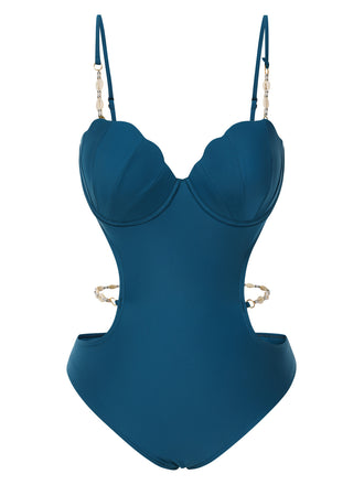 Maillot de bain ajouré à bretelles coquillages bleu sarcelle des années 1960