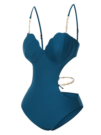 Maillot de bain ajouré à bretelles coquillages bleu sarcelle des années 1960