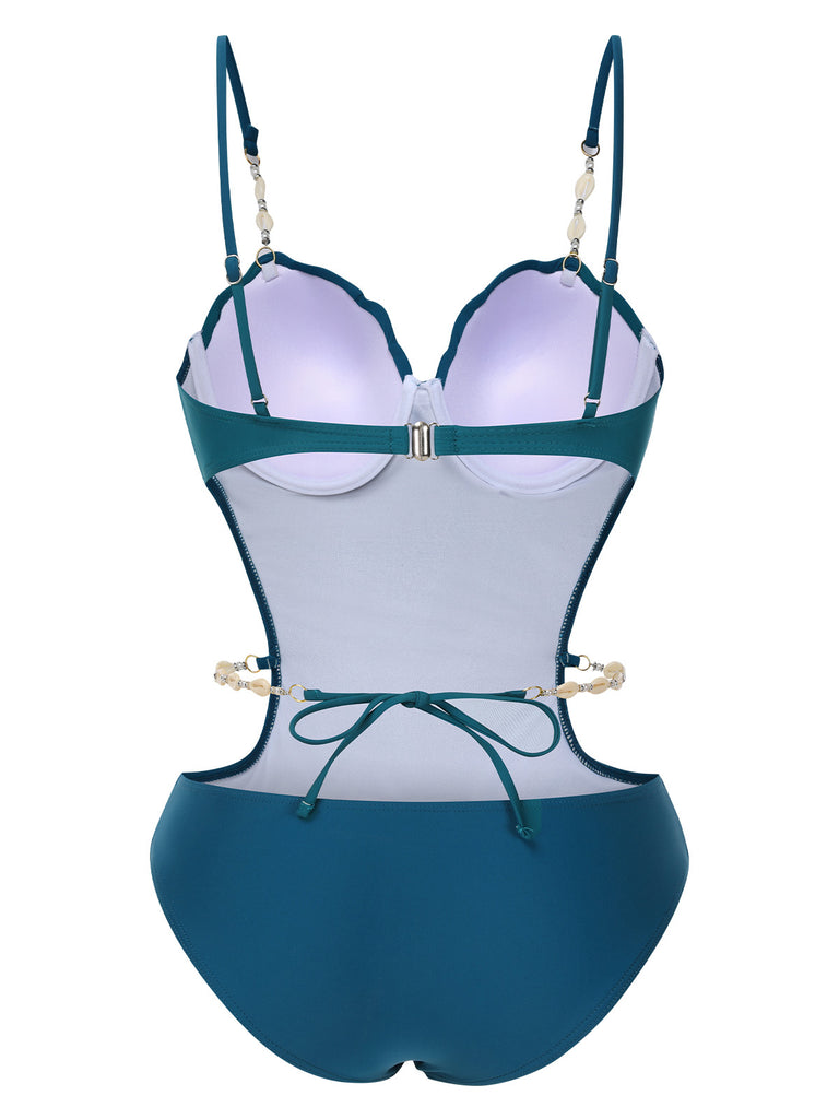 Maillot de bain ajouré à bretelles coquillages bleu sarcelle des années 1960
