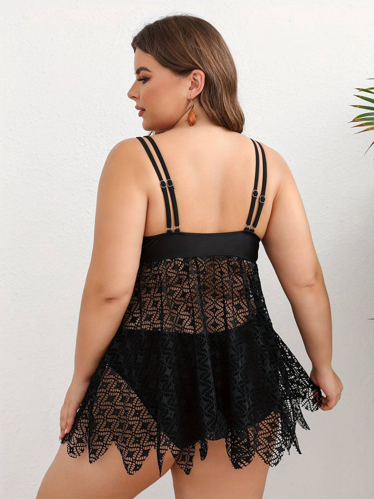 [Grande Taille] Ensemble tankini en dentelle patchwork bohème noire années 1950
