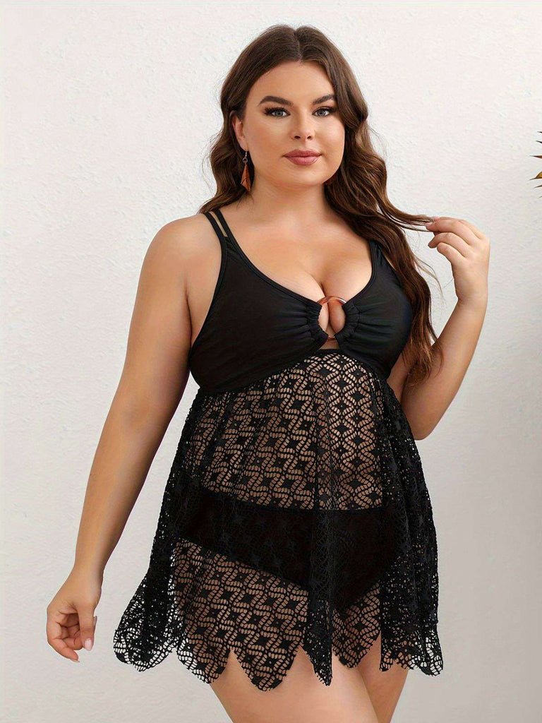 [Grande Taille] Ensemble tankini en dentelle patchwork bohème noire années 1950