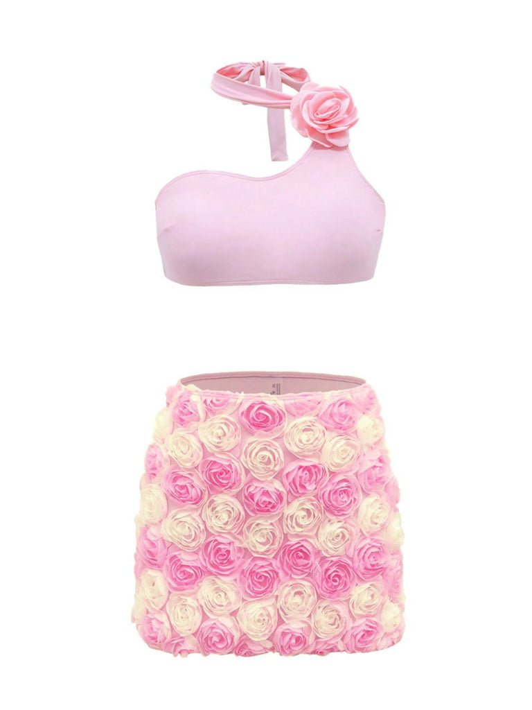 Ensemble bikini dos nu et cache-maillot rose roses 3D années 1960