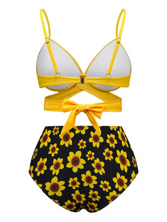 Ensemble bikini noué dans le dos jaune tournesol des années 1950