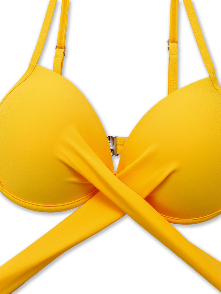 Ensemble bikini noué dans le dos jaune tournesol des années 1950
