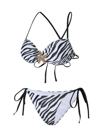 Ensemble bikini noir et blanc à rayures zébrées et étoiles de mer années 1950