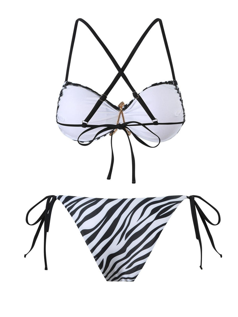Ensemble bikini noir et blanc à rayures zébrées et étoiles de mer années 1950