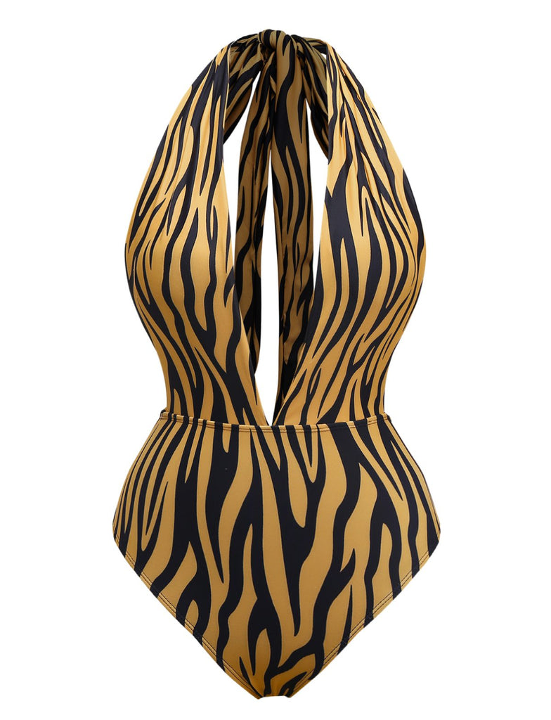 Maillot de bain marron rayures zébrées col V profond des années 1960