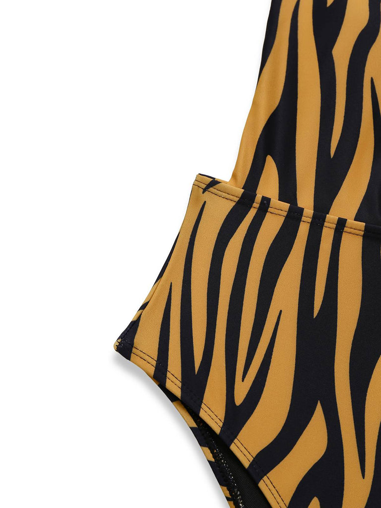 Maillot de bain marron rayures zébrées col V profond des années 1960