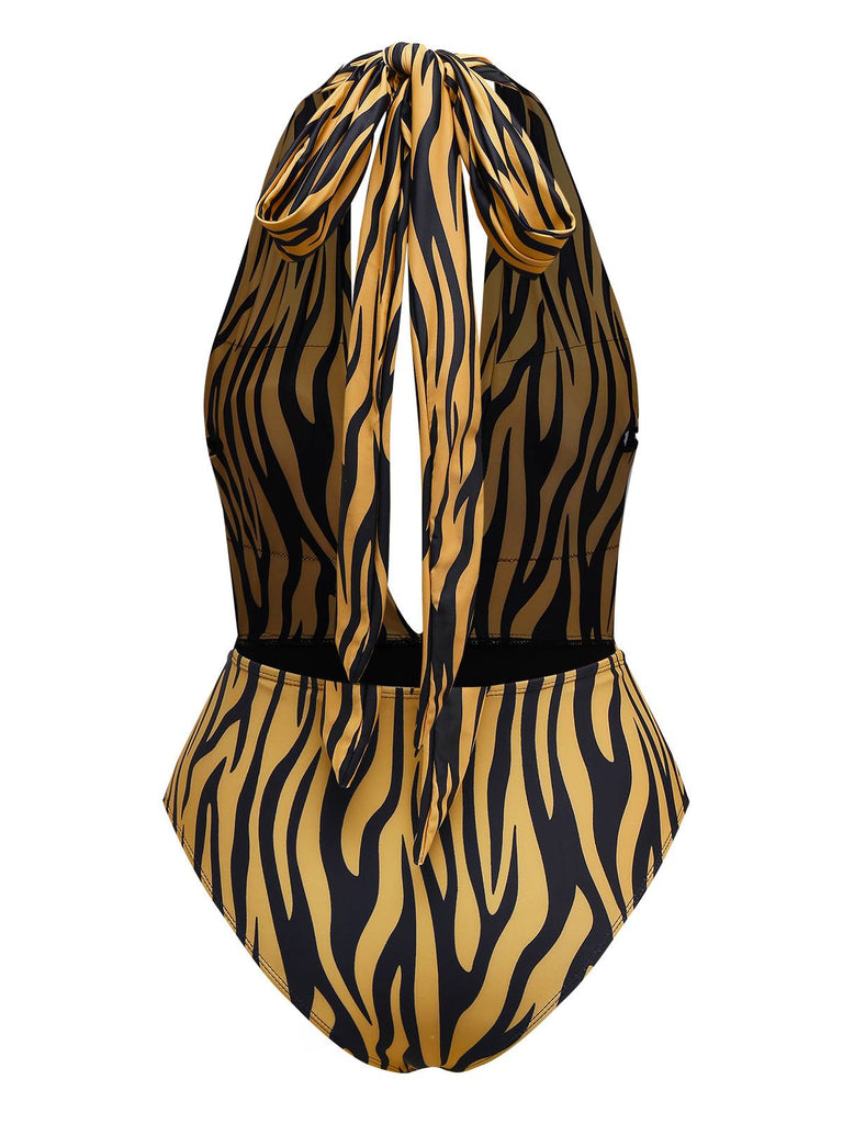 Maillot de bain marron rayures zébrées col V profond des années 1960