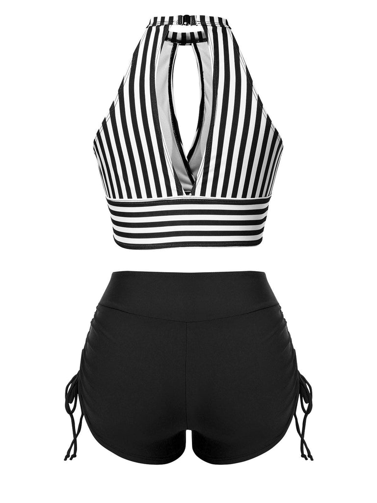 Maillot de bain à rayures creuses col rond des années 1950