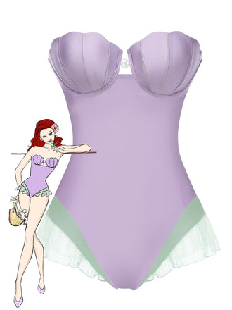 Maillot de bain bandeau sirène coquillage violet des années 1970