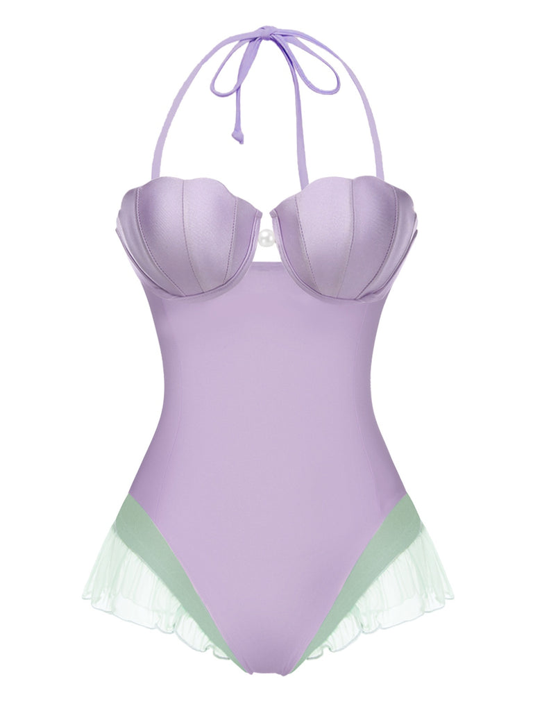 Maillot de bain bandeau sirène coquillage violet des années 1970