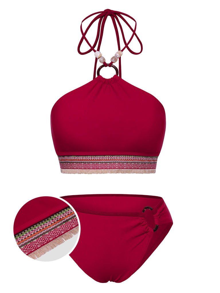 Ensemble bikini dos nu rouge style princesse avec perles des années 1970