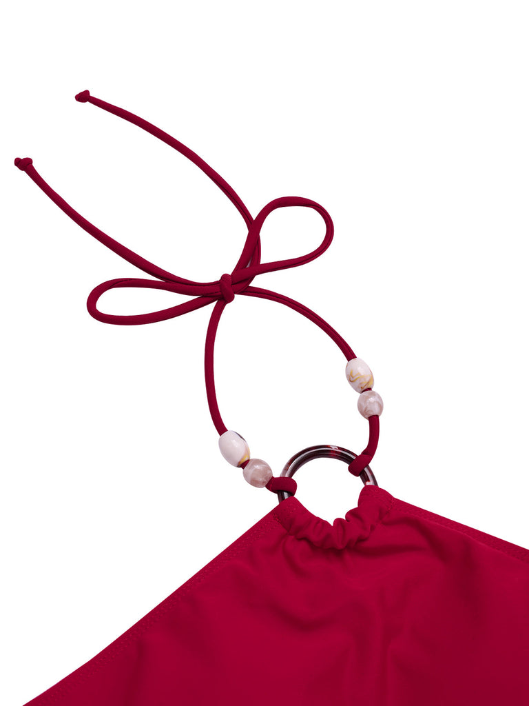 Ensemble bikini dos nu rouge style princesse avec perles des années 1970