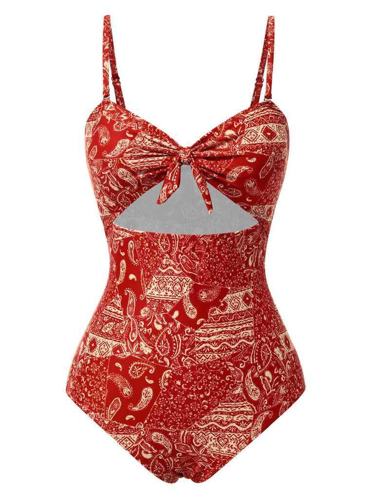 Maillot de bain rouge à bretelles creuses cachemire années 1970