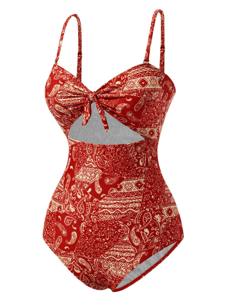 Maillot de bain rouge à bretelles creuses cachemire années 1970