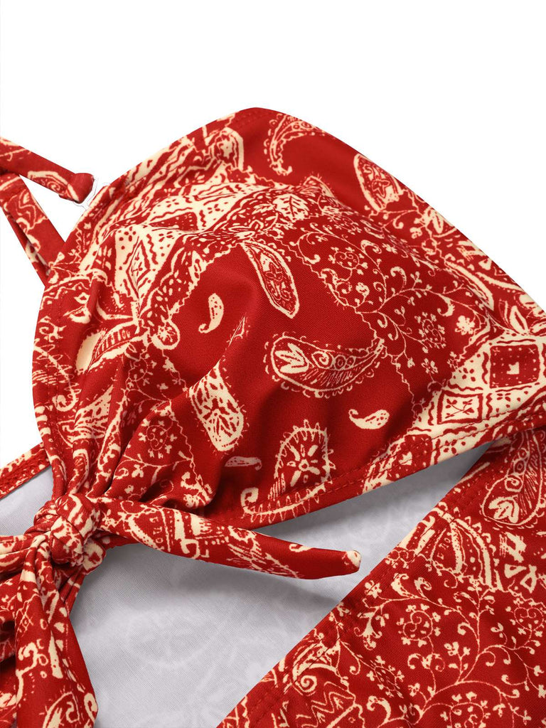 Maillot de bain rouge à bretelles creuses cachemire années 1970