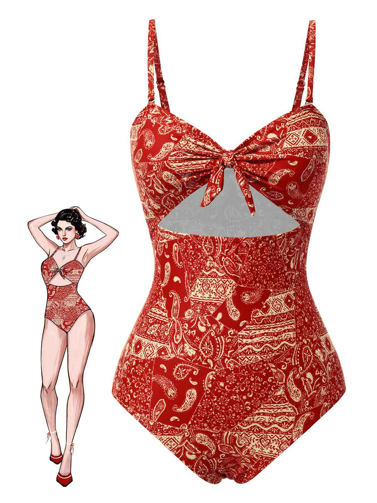 Maillot de bain rouge à bretelles creuses cachemire années 1970