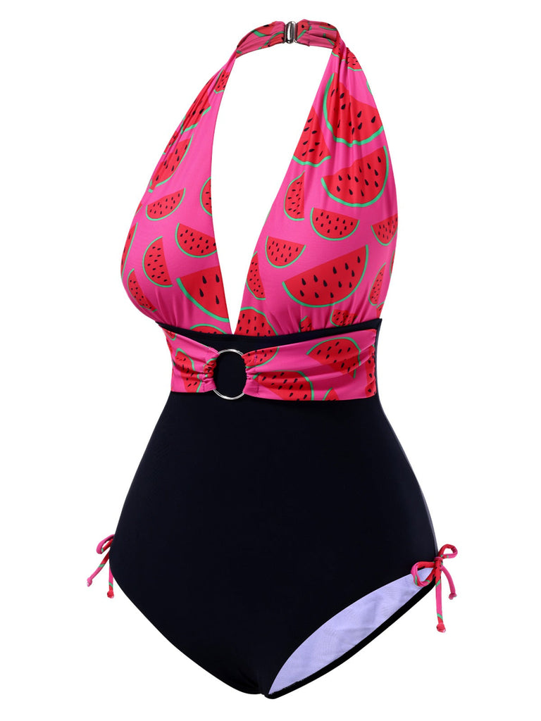 Maillot de Bain Rose Pastèque Licou col V profond années 1960