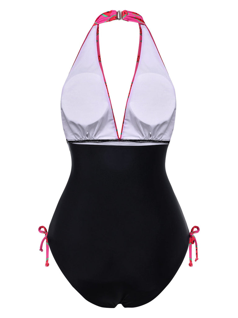 Maillot de Bain Rose Pastèque Licou col V profond années 1960