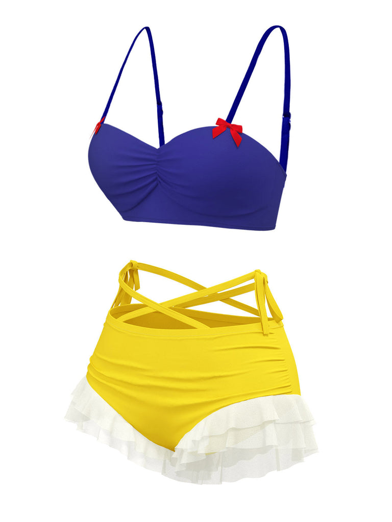 Maillot de bain à volants jaune et bleu Blanche-Neige années 1950
