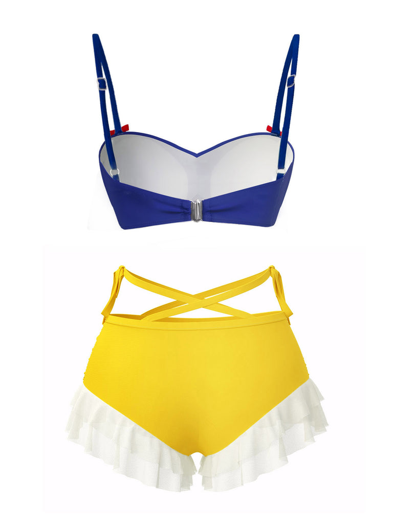 Maillot de bain à volants jaune et bleu Blanche-Neige années 1950