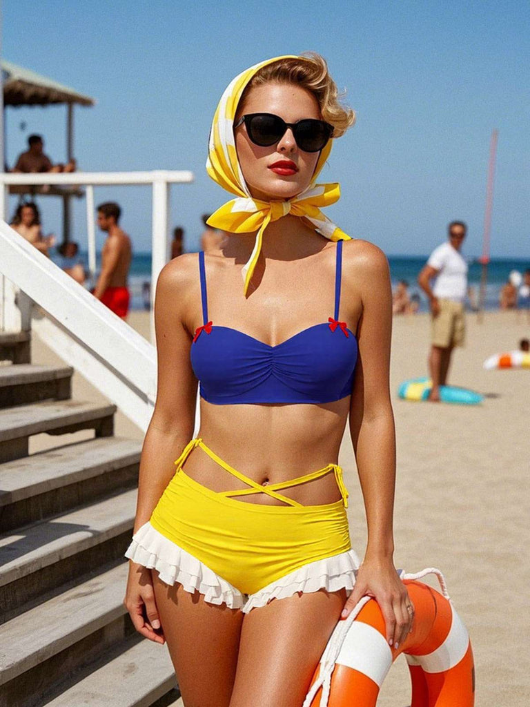 Maillot de bain à volants jaune et bleu Blanche-Neige années 1950