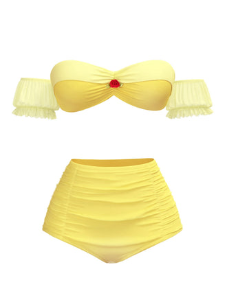 Ensemble bikini bouffant à fleurs Princesse Belle jaune années 1970