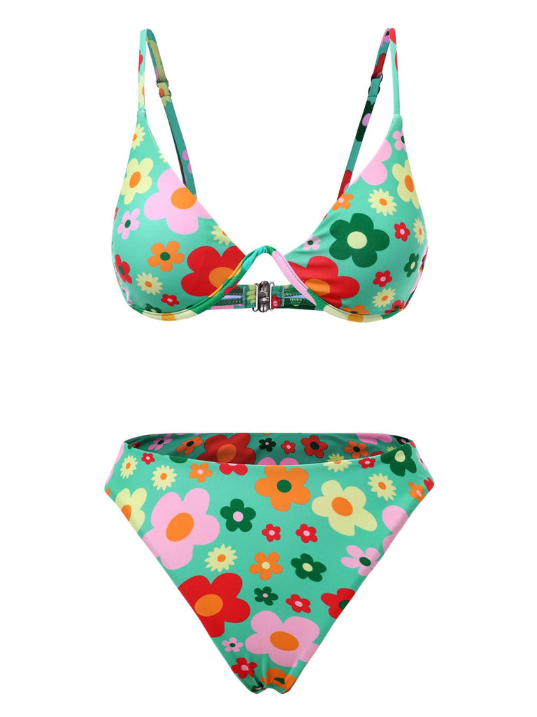 Ensemble bikini fleuri vert style dessin animé des années 1950