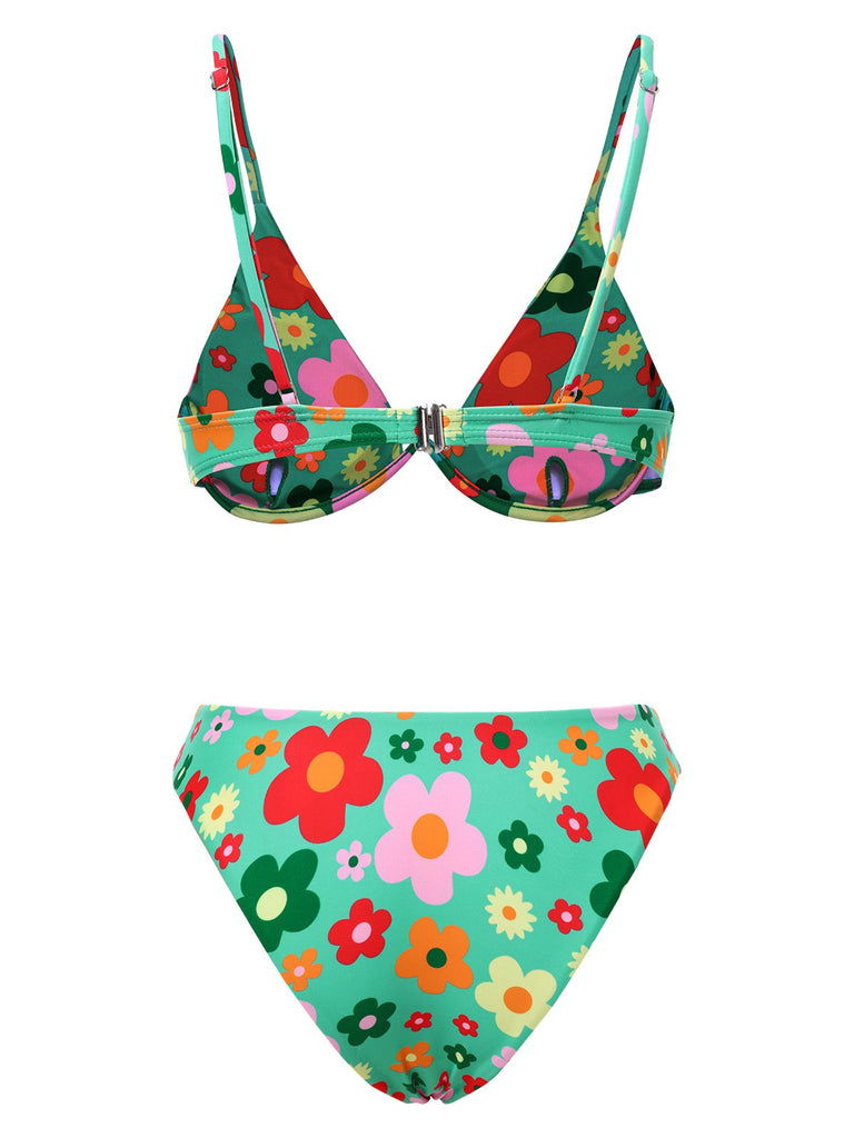 Ensemble bikini fleuri vert style dessin animé des années 1950