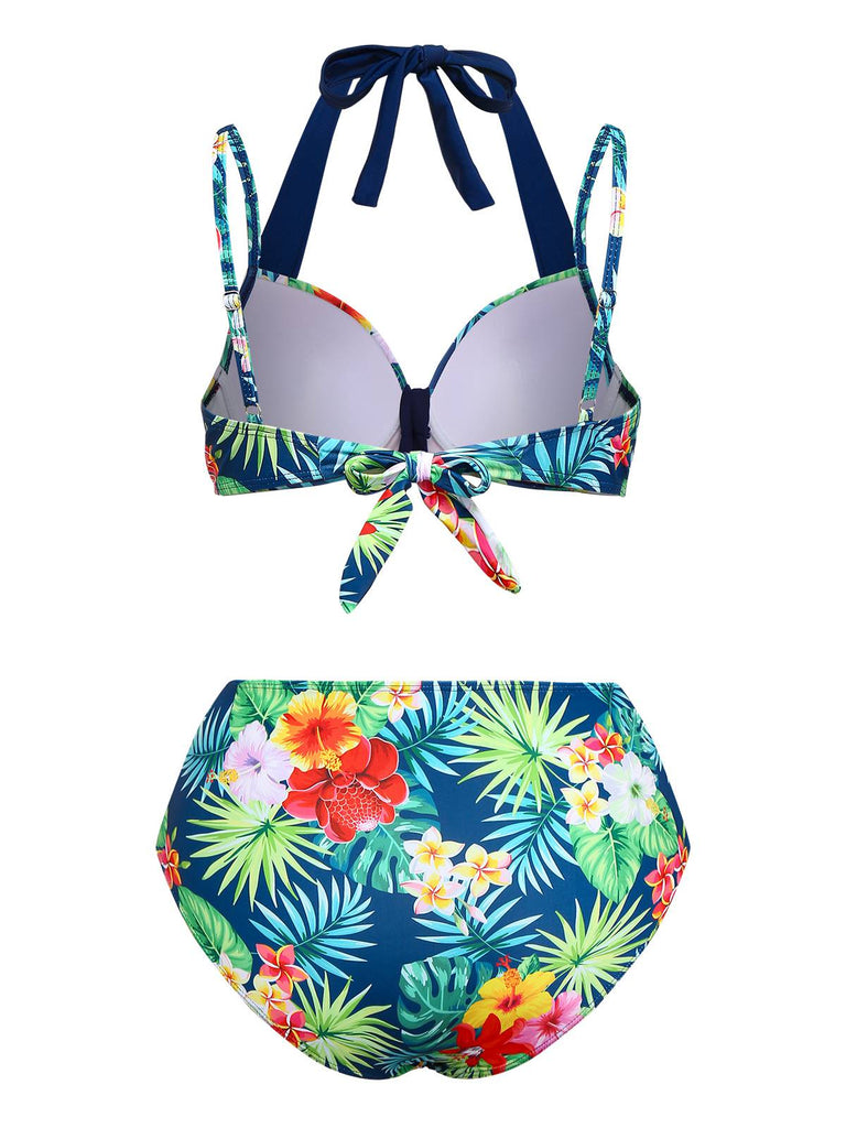 Ensemble bikini patchwork multicolore plantes tropicales années 1950
