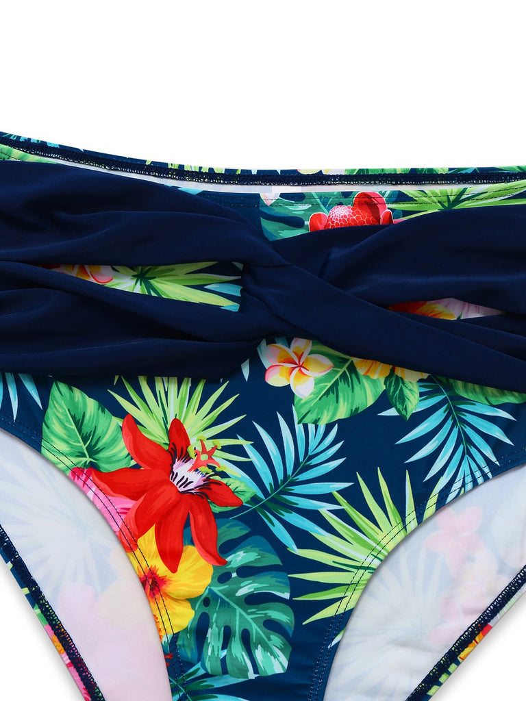 Ensemble bikini patchwork multicolore plantes tropicales années 1950