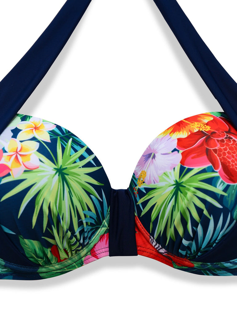 Ensemble bikini patchwork multicolore plantes tropicales années 1950
