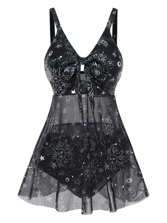 Robe de bain noire en maille creux à motif soleil et lune des années 1930