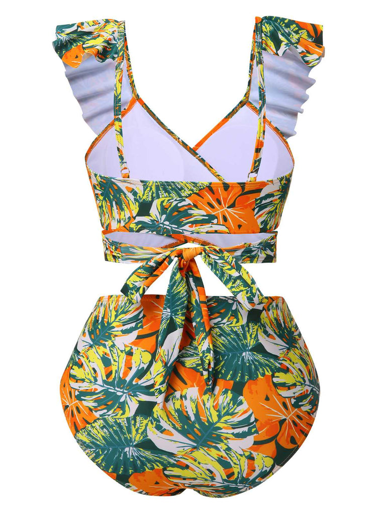 Ensemble bikini à volants et plantes tropicales des années 1960