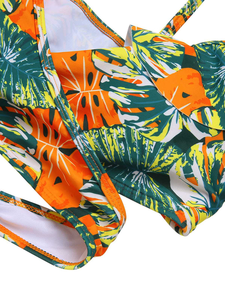 Ensemble bikini à volants et plantes tropicales des années 1960