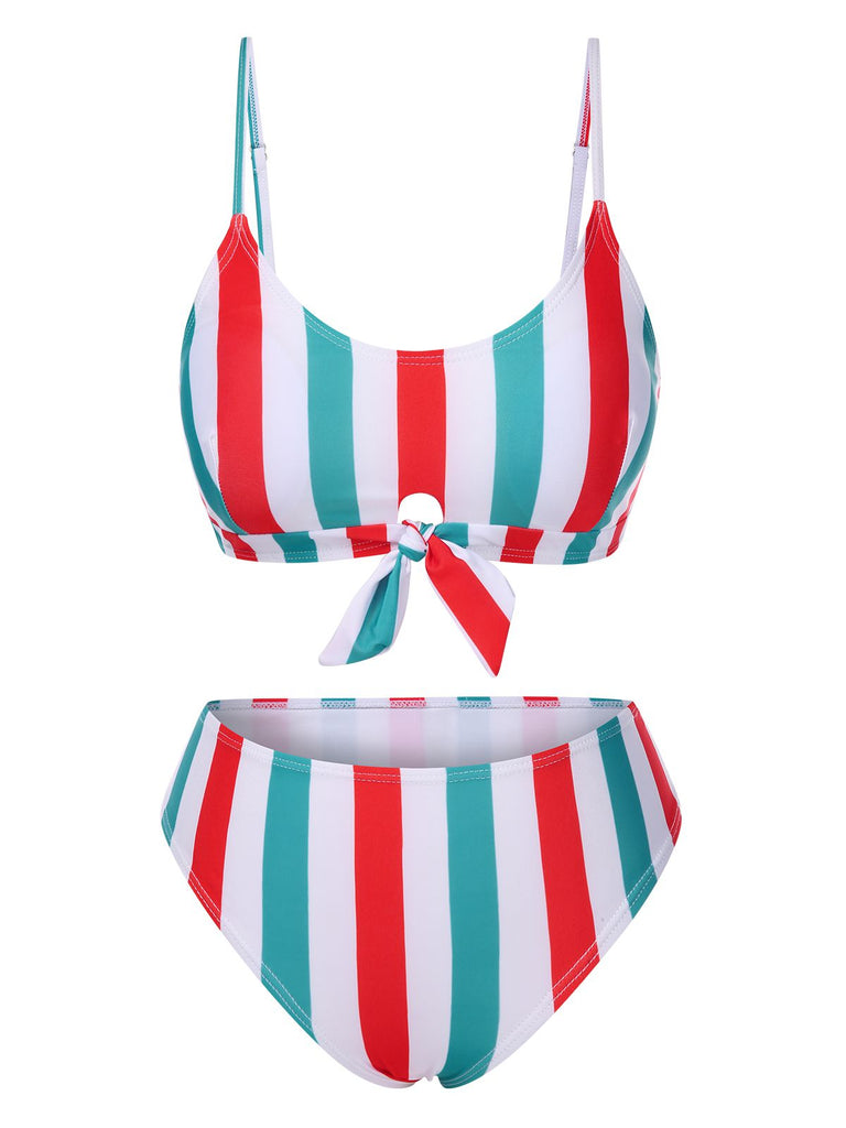 Ensemble bikini à bretelles rayures verticales contrastées nœud années 1940