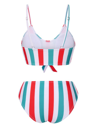 Ensemble bikini à bretelles rayures verticales contrastées nœud années 1940