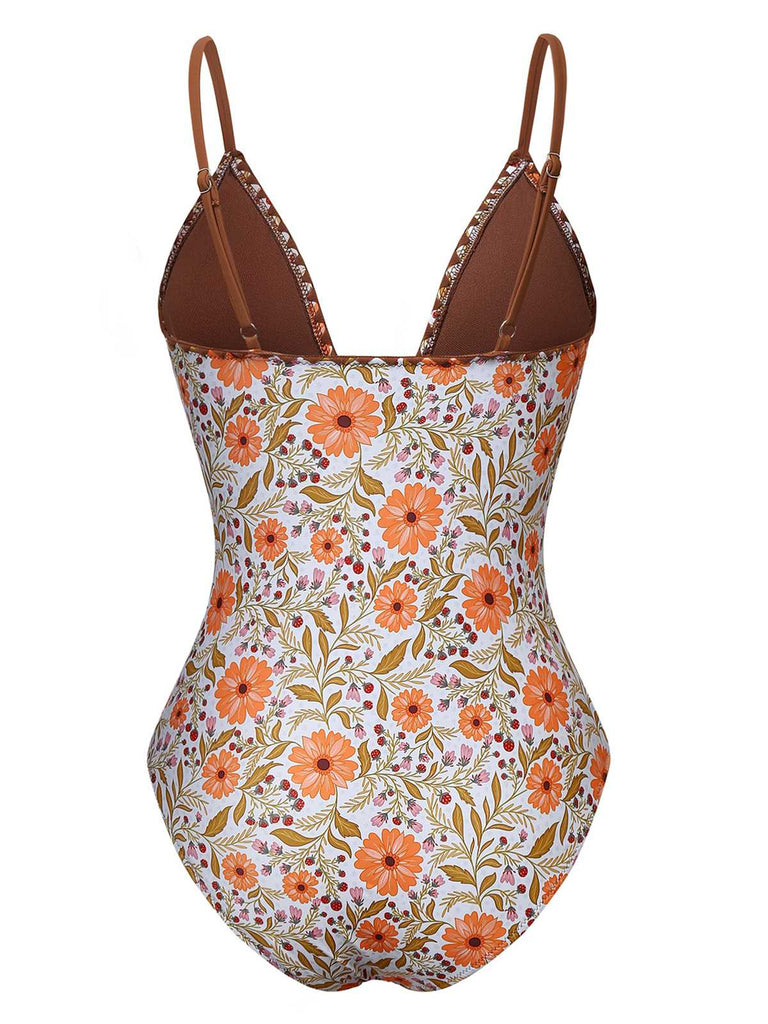 Maillot de bain une pièce kaki motif floral des années 1950