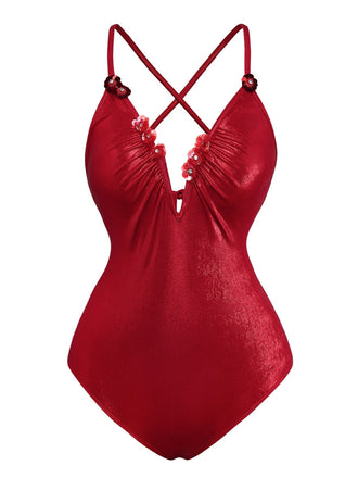 Maillot de bain rouge col V profond fleuriel 3D pailleté années 1960