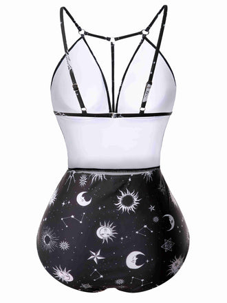 Maillot de bain une pièce gothique col V profond étoile et lune années 1980