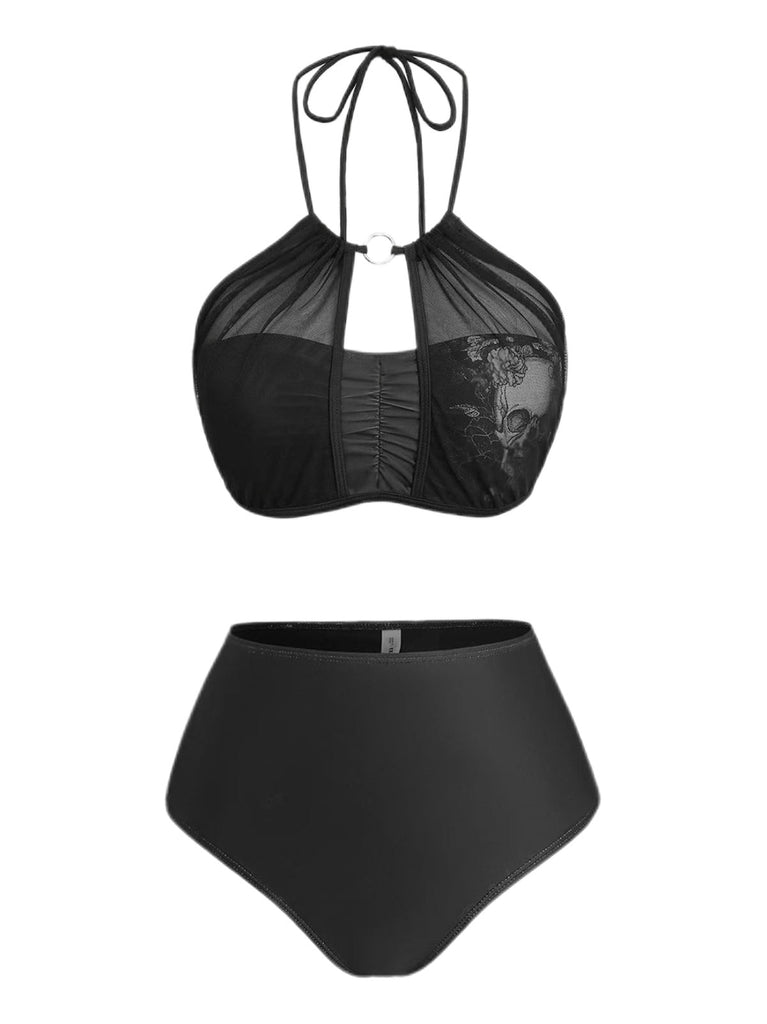 Ensemble bikini noir motif crâne col licou et cache-maillot années 80