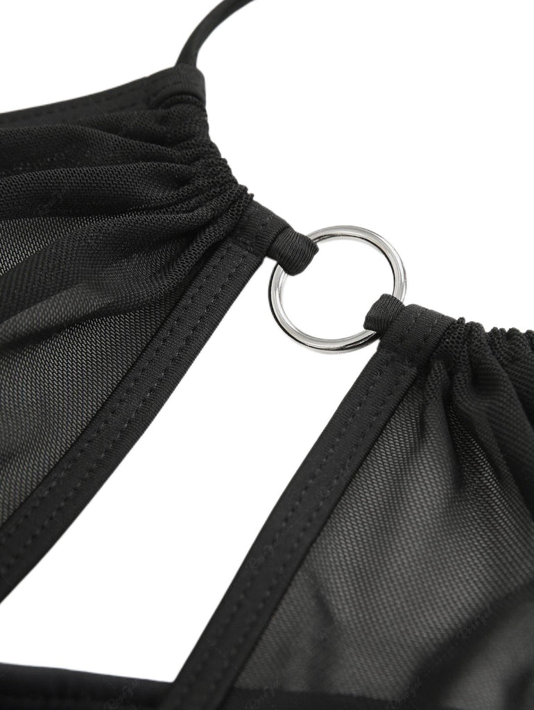 Ensemble bikini noir motif crâne col licou et cache-maillot années 80