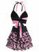 Maillot de bain jupe dos nu noir et rouge motif tête de mort et roses années 1980