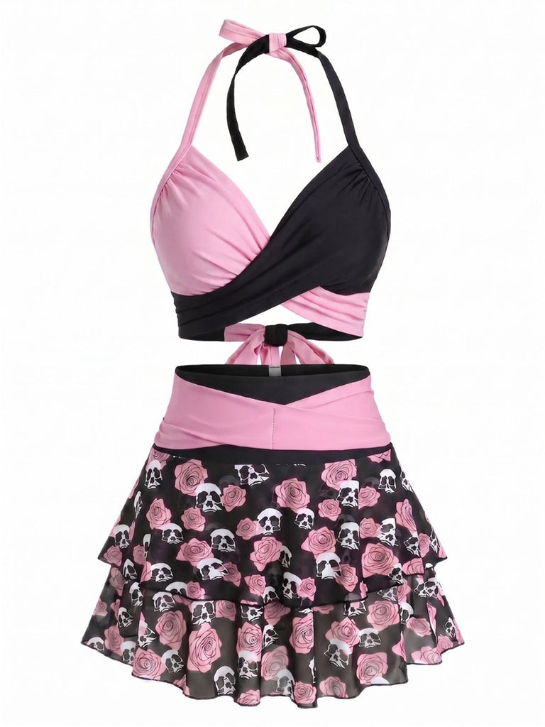 Maillot de bain jupe dos nu noir et rouge motif tête de mort et roses années 1980