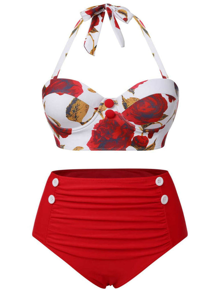 [Grande taille] Maillot de bain rouge dos nu Roses des années 1940